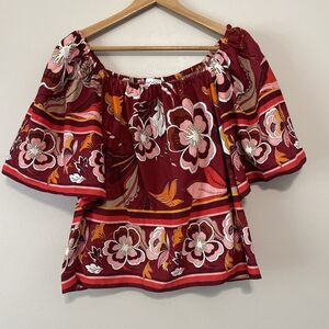 Gibson Latimer Linen Cotton Blend Top XL Off Shoulder Bohemian Hawaiian Floral